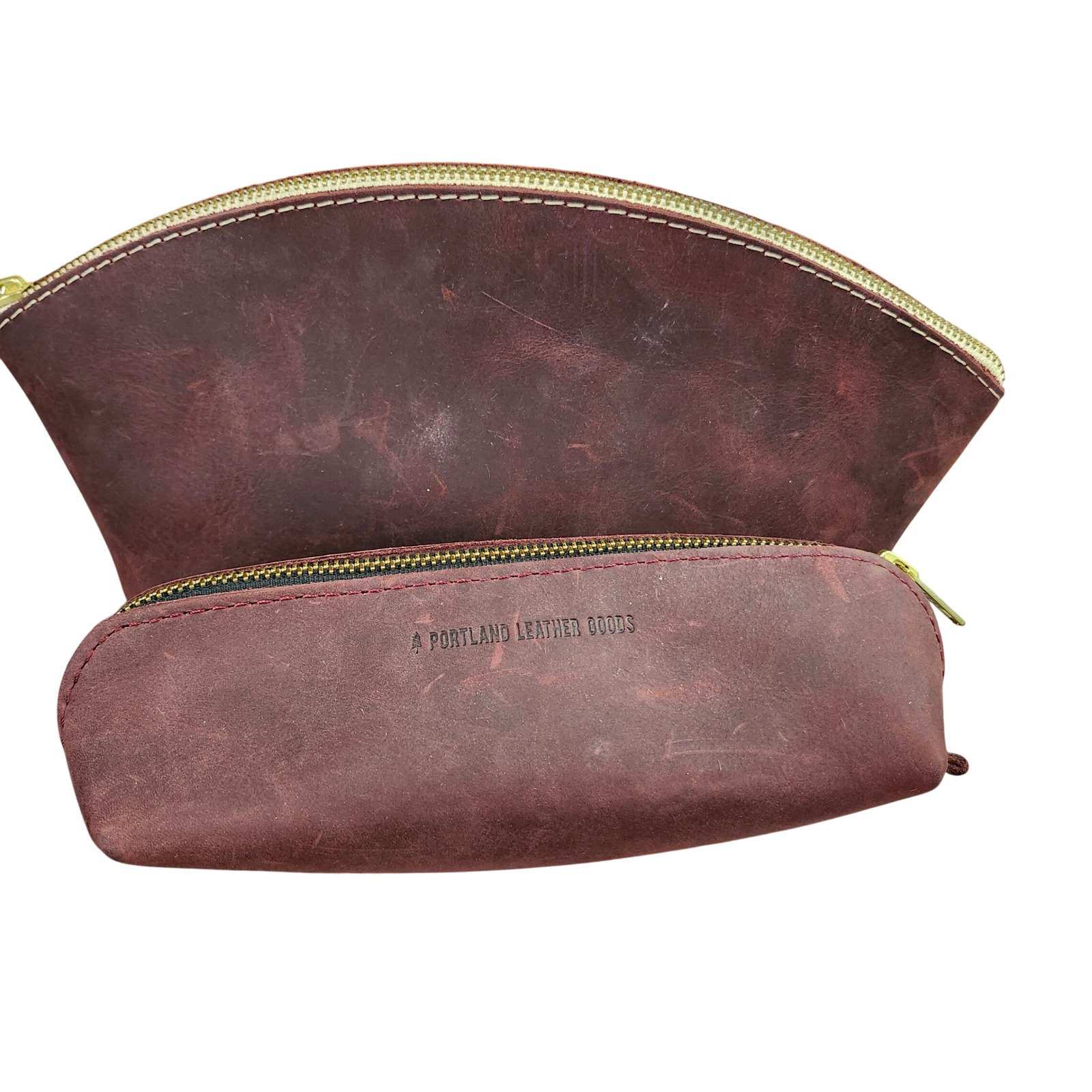 Portland Leather Set Of 2 Leather Makeup Bag And Pencil Case Burgundy Brown